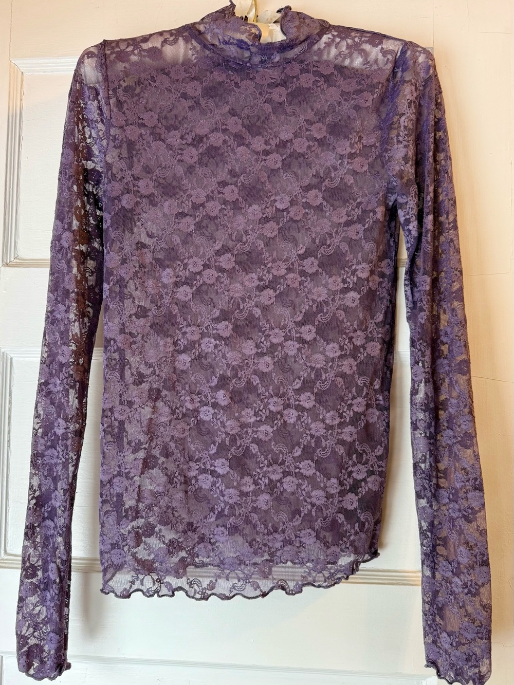Long Sleeve Sheer Mesh Blouse Mock Neck Lace Top Party Wear Medium Purple